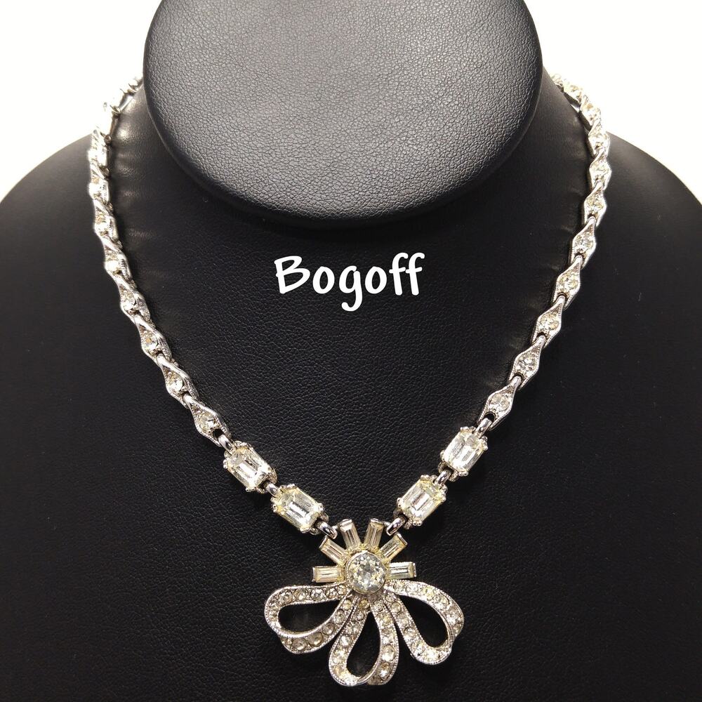 Vintage Bogoff Clear Rhinestone Bow Choker Necklace Bridal 1950s